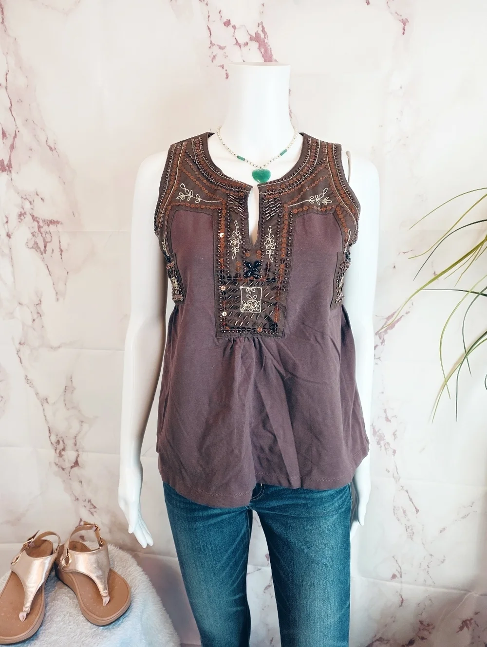 Boston Proper Embroidered Boho Tank XS Brown Beaded Sleeveless Top